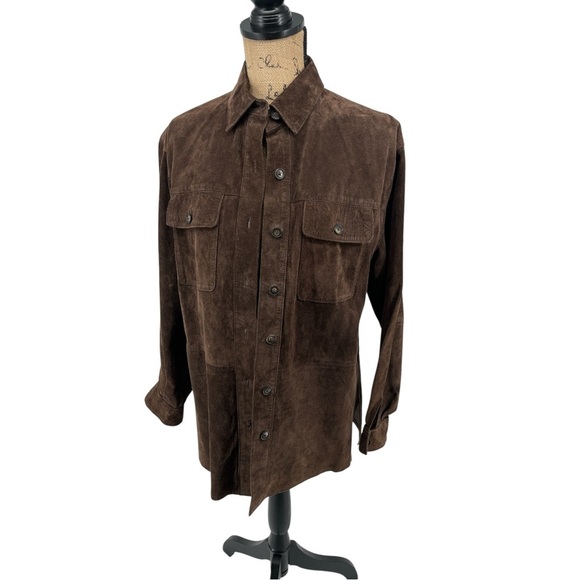Charter Club Petite Leather Button Front Shacket Dark Brown Western Country - Picture 1 of 9
